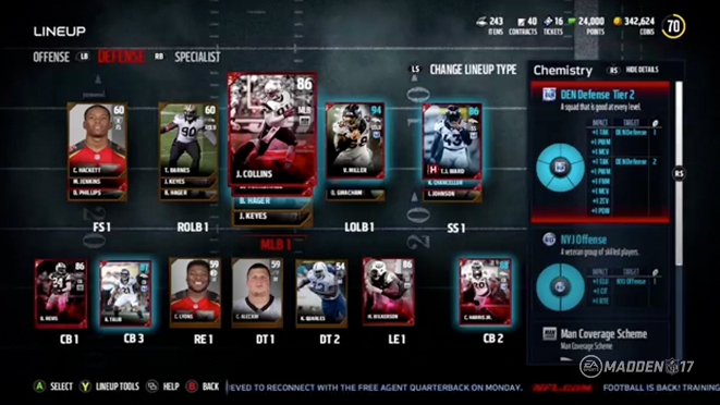 A picture of the card selection in madden nfl 1 5.