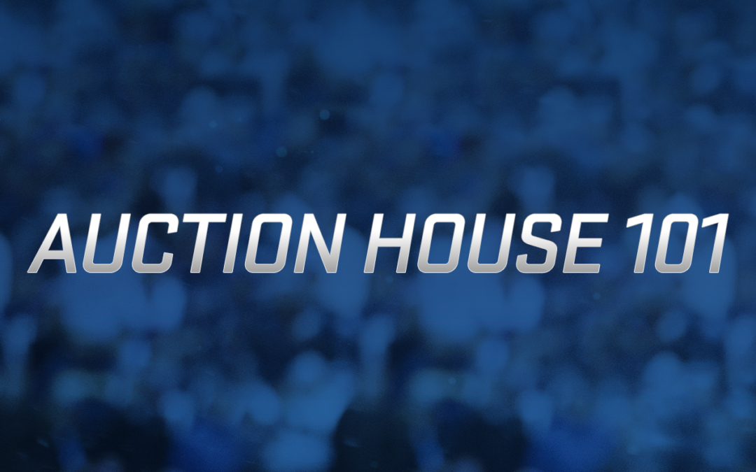 A blue background with the words action house written in white.